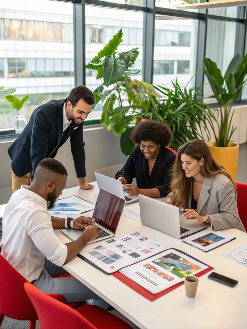A photo showing a diverse team working on laptops and discussing results, representing Optimizra's commitment to continuous improvement and optimization.