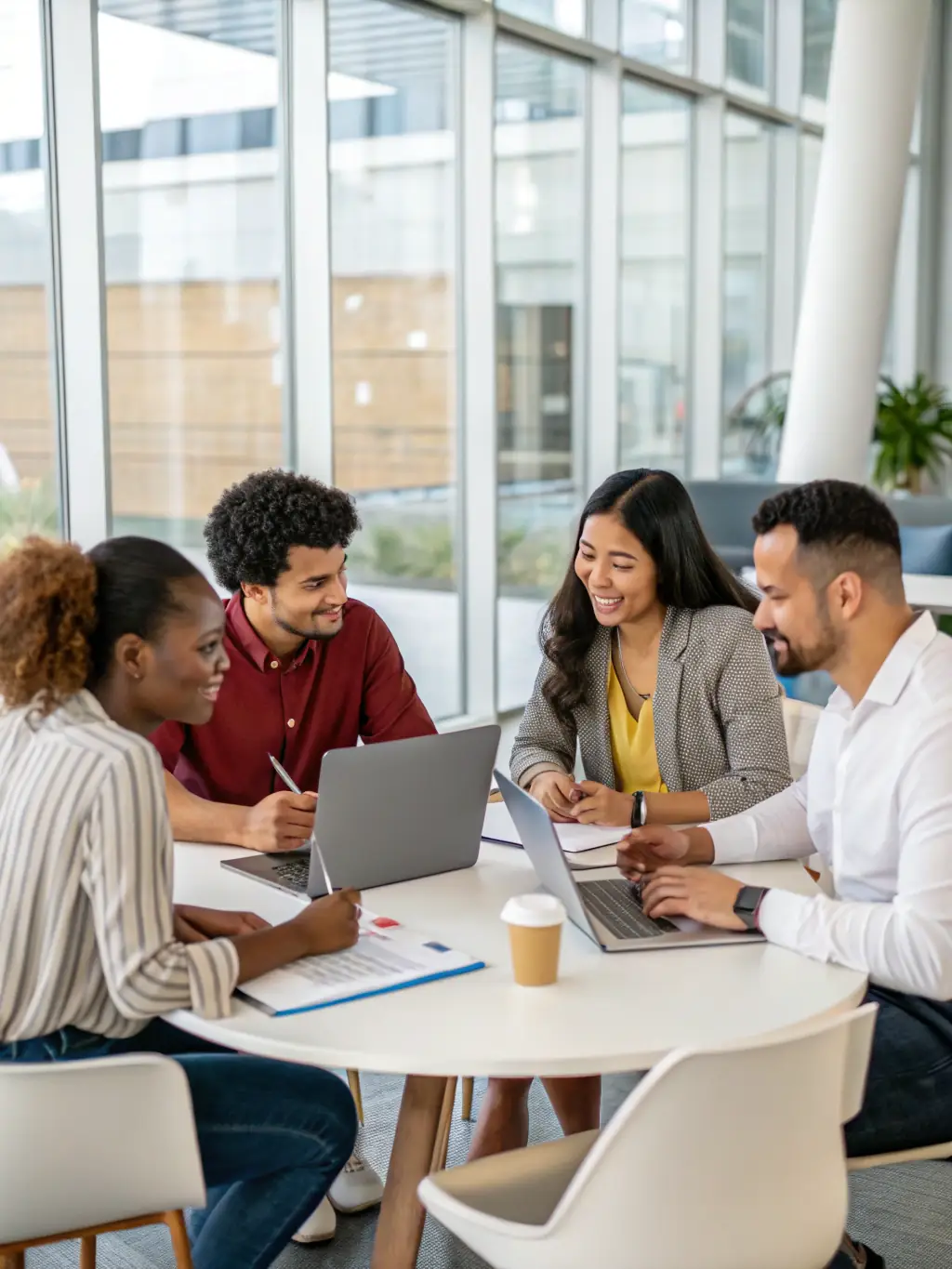 A high-quality stock photo depicting a team brainstorming session in a modern office, emphasizing collaboration and creative problem-solving, to illustrate Optimizra's collaborative approach.